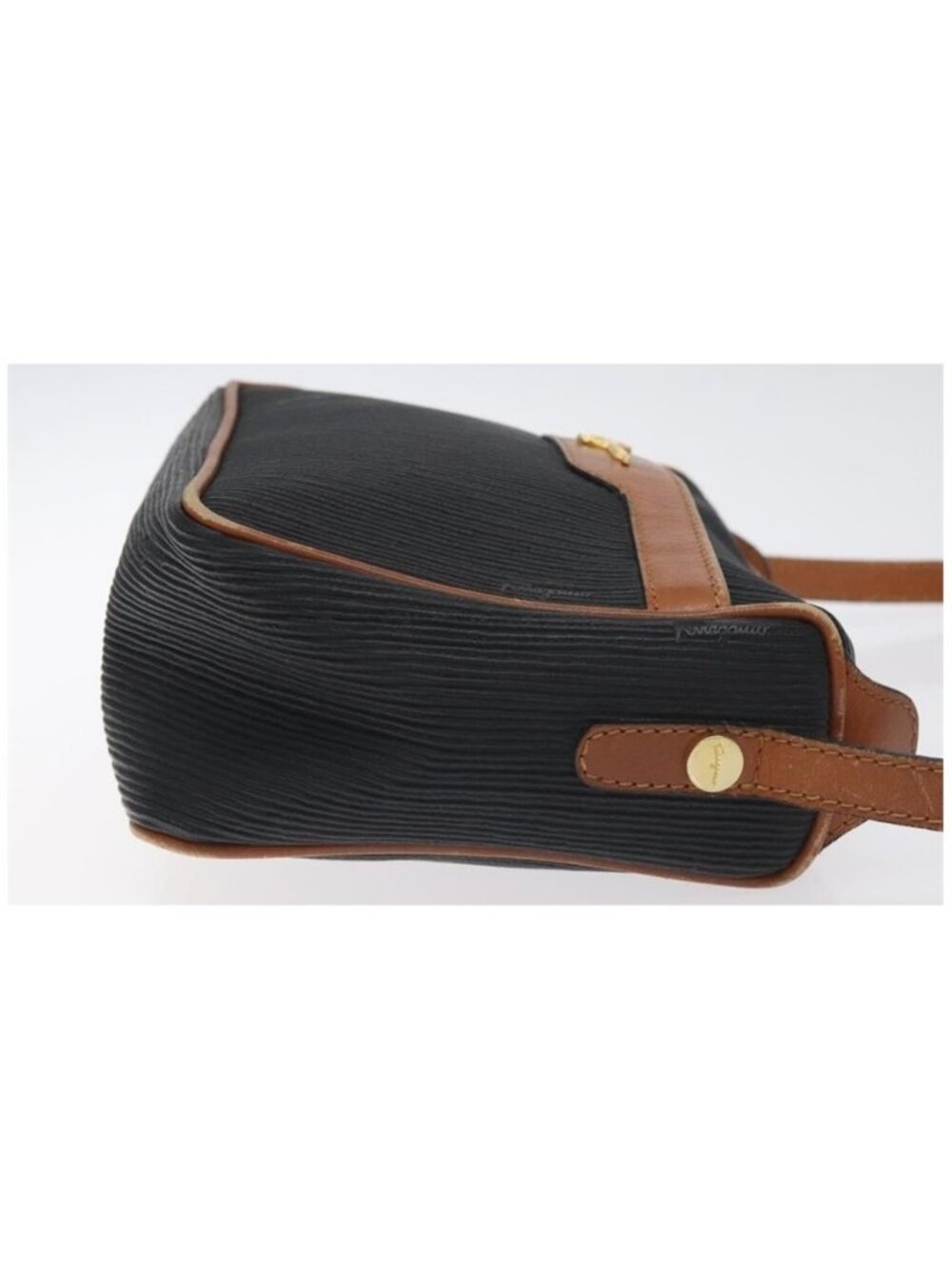 Authentic Salvatore Ferragamo Shoulder Bag Leather PVC Black Gold - Picture 3 of 16